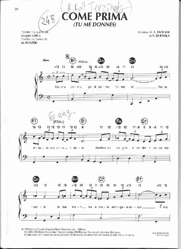 télécharger la partition d'accordéon Come Prima (Tu me donnes) (Chant : Dalida / Tino Rossi / Patrice & Mario / Lucienne Delyle) (Slow) au format PDF