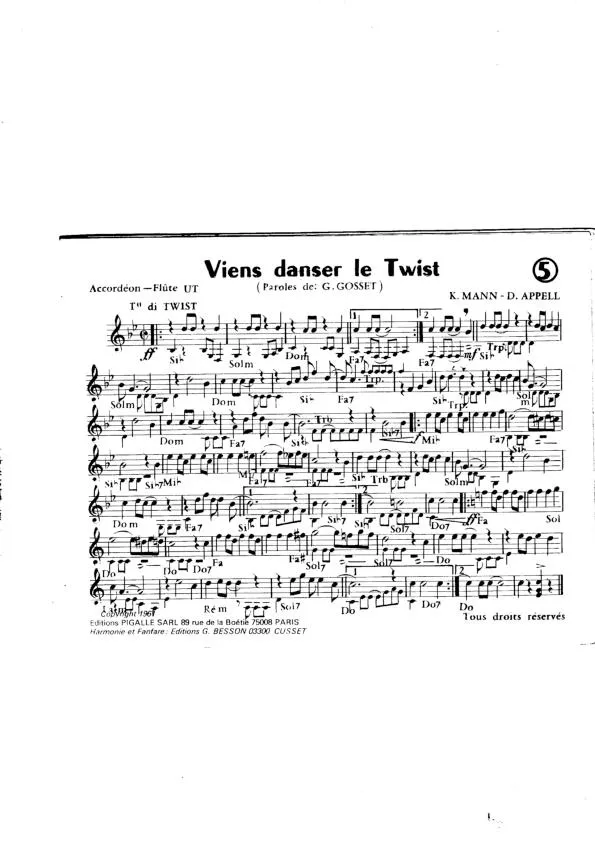télécharger la partition d'accordéon Viens danser le twist (Chant : Johnny Hallyday) au format PDF