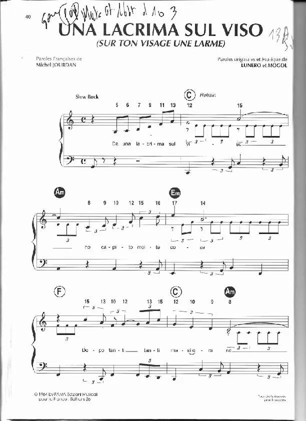 télécharger la partition d'accordéon Una lacrima sul viso (Sur ton visage une larme) (Chant : Lucky Blondo) (Slow Rock) au format PDF