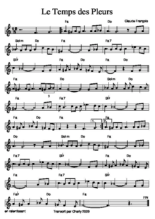 télécharger la partition d'accordéon Le temps des pleurs (Chant : Claude François) (Relevé) au format PDF