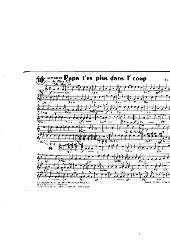 télécharger la partition d'accordéon Papa t'es plus dans l' coup (Chant : Sheila) (Marche) au format PDF