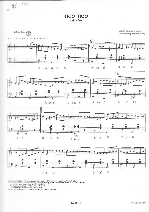 télécharger la partition d'accordéon Tico Tico (Arrangement pour accordéon de Werner Lang) (Chant : Jacques Pills / Ray Ventura / Tohama) (Samba) au format PDF