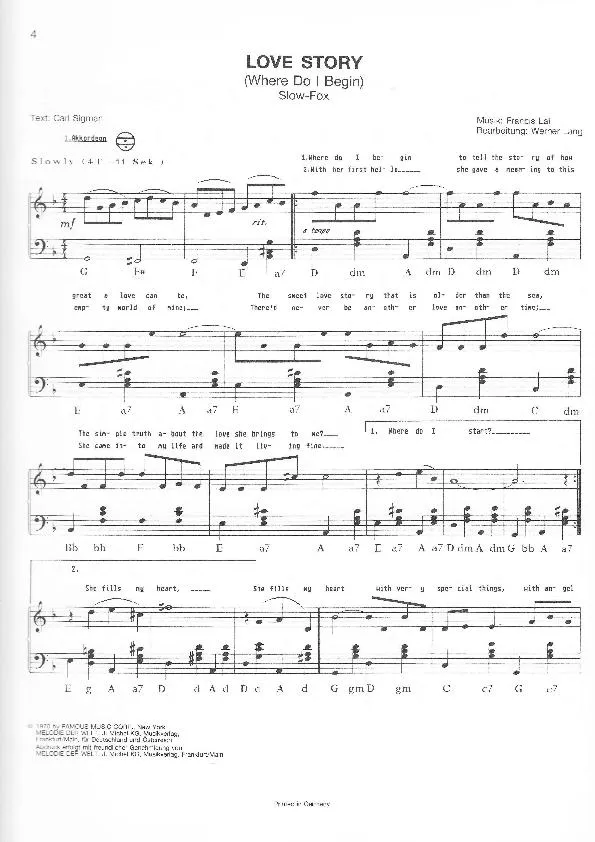 télécharger la partition d'accordéon Love Story (Where do I begin) (Arrangement pour accordéon de Werner Lang) (Chant : Andy Williams / Mireille Mathieu) (Slow Fox) au format PDF