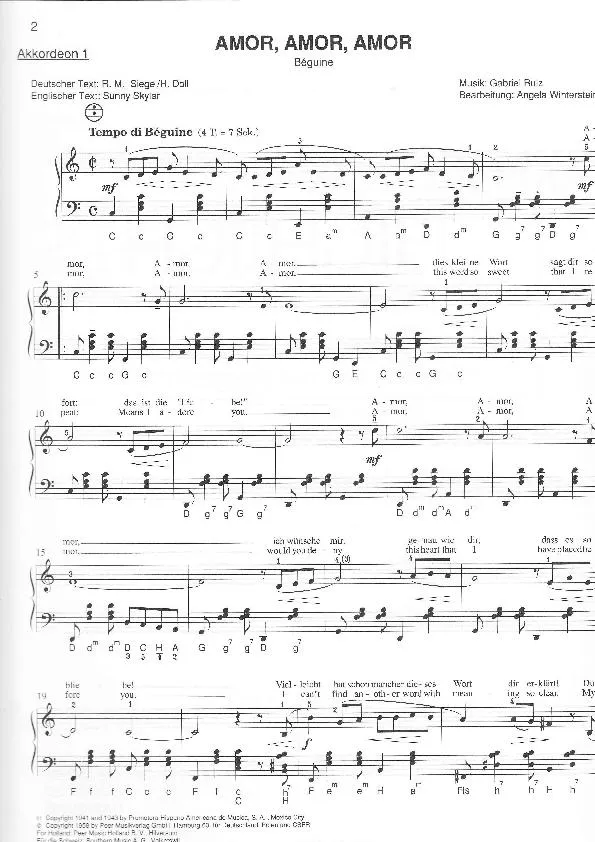télécharger la partition d'accordéon Amor Amor Amor (Arrangement pour accordéon de Angela Winterstein) (Chant : Bing Crosby / Ben E King / Tino Rossi / Luis Mariano / Marie José / Victoria Marino) (Beguine) au format PDF