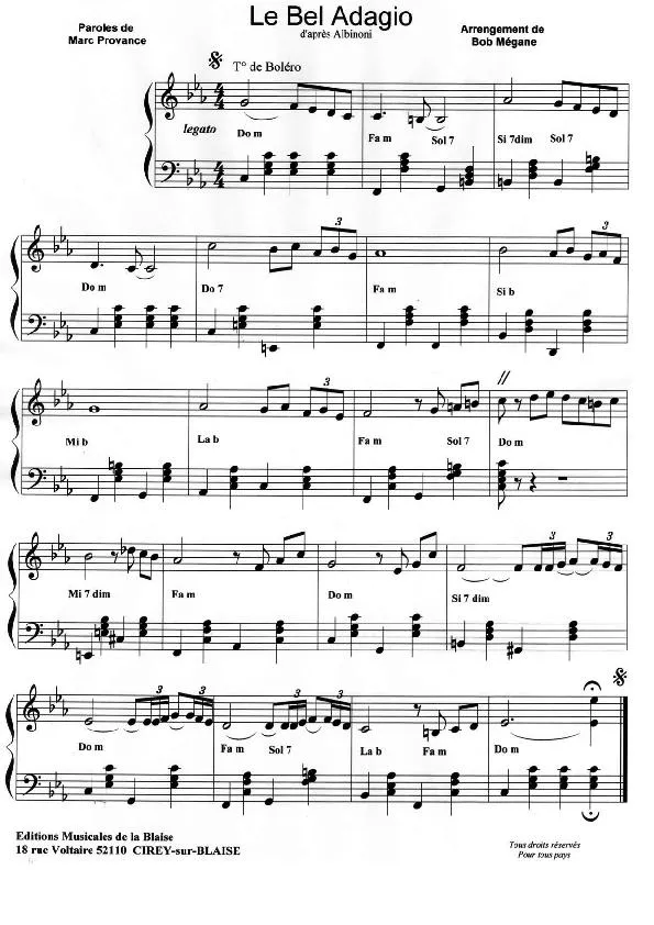 télécharger la partition d'accordéon Le Bel Adagio (d'après Tomaso Albinoni) (Boléro) au format PDF