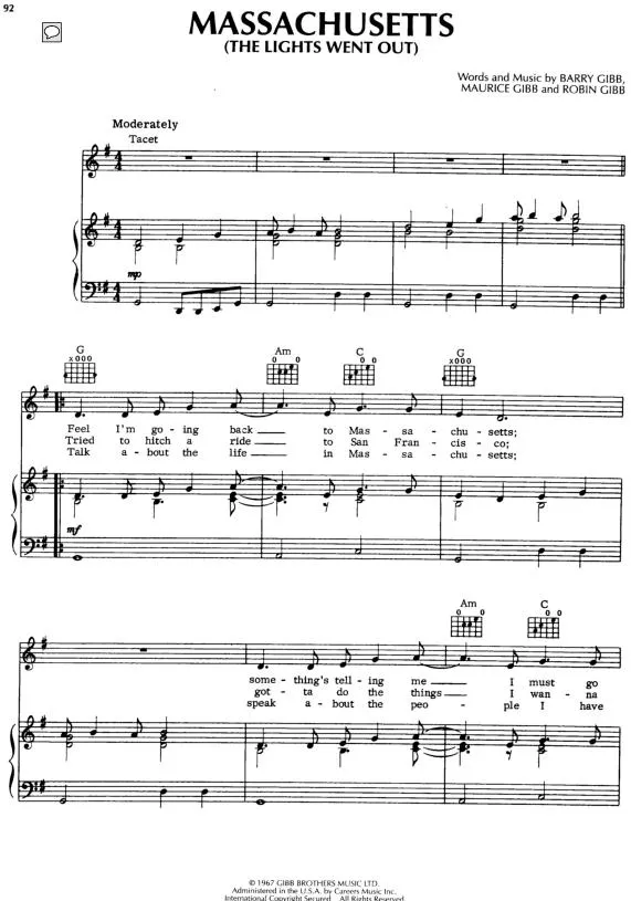 télécharger la partition d'accordéon Massachusetts (Interprètes : The Bee Gees (Boléro) au format PDF