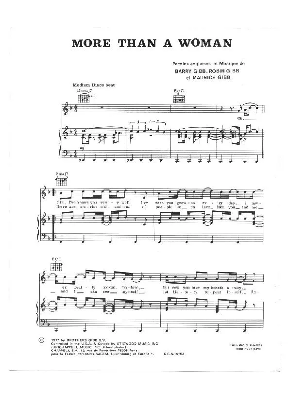 télécharger la partition d'accordéon More than a woman (Interprètes : The Bee Gees) (Medium Disco) au format PDF