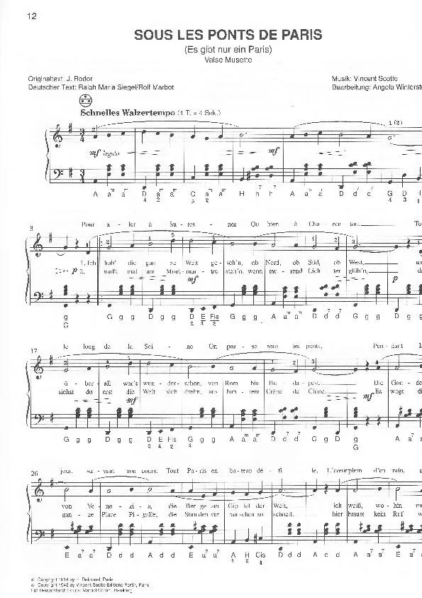 télécharger la partition d'accordéon Sous les ponts de Paris (Es gibt nur ein Paris) (Arrangement pour accordéon de Angela Winterstein) (Chant : Georgel / Lucienne Delyle / Mireille Ponsard / Marjal) (Valse Musette) au format PDF