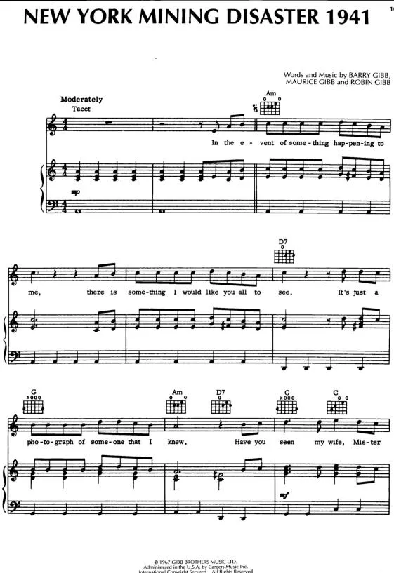 télécharger la partition d'accordéon New York mining disaster 1941 (Interprètes : The Bee Gees) (Slow) au format PDF