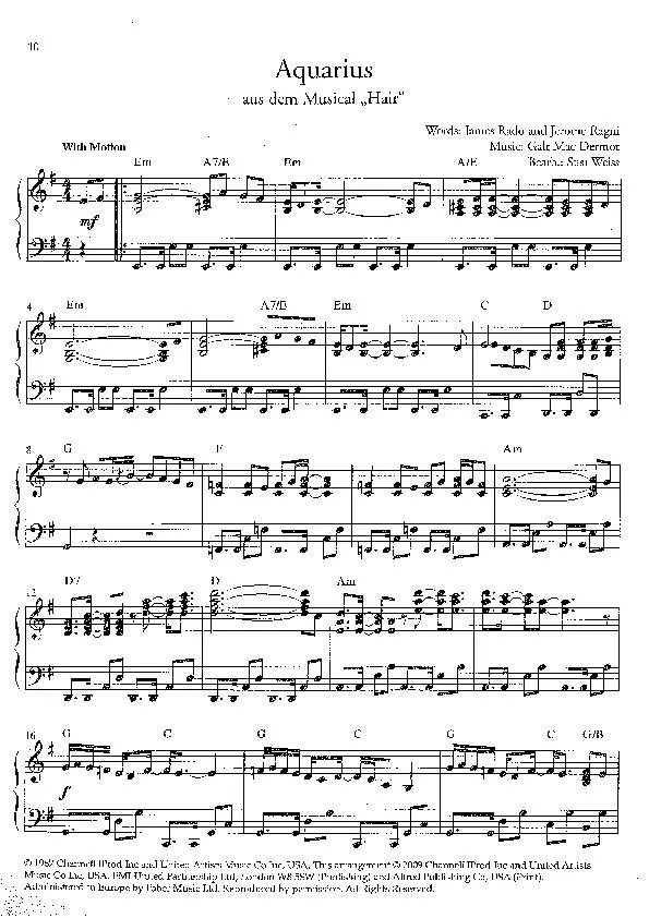 télécharger la partition d'accordéon Aquarius (Arrangement : Susi Weiss) (De la comédie musicale : Hair) au format PDF