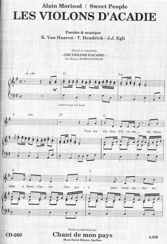 télécharger la partition d'accordéon Les violons d'Acadie (Chant : Alain Morisod / Sweet People) au format PDF
