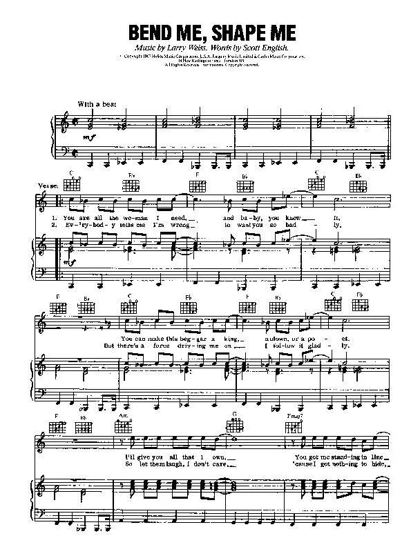 télécharger la partition d'accordéon Bend me Shape me (Interprètes : The American Breed) (Boléro) au format PDF