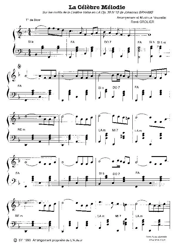 télécharger la partition d'accordéon La Célèbre Mélodie (Sur les motifs de la Célèbre Valse en La Op 39 N°15 de Johannes Brahms) (Slow) au format PDF