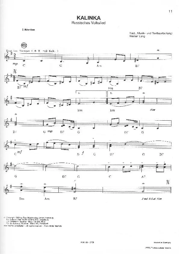 télécharger la partition d'accordéon Kalinka (Arrangement pour accordéon de Werner Lang) (Chant : Ivan Rebroff) (Folklore Russe) au format PDF