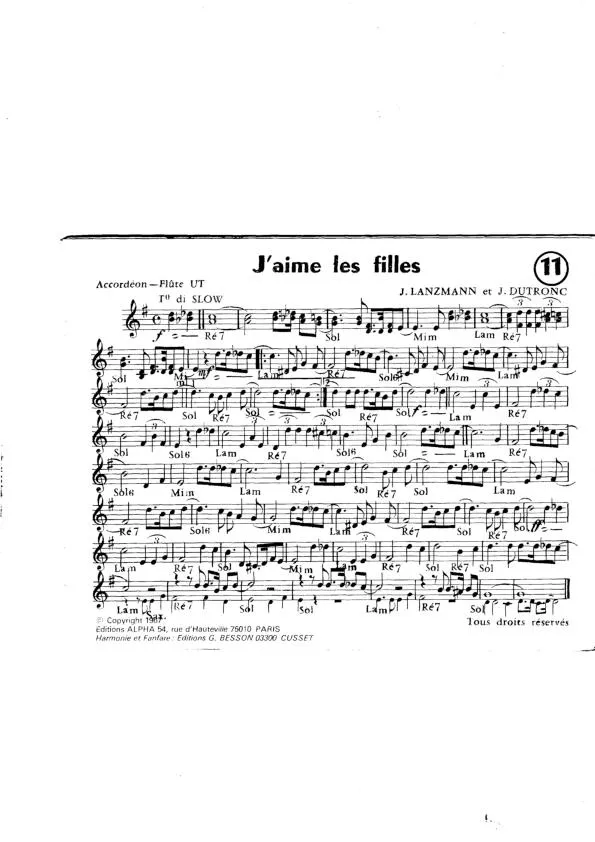 télécharger la partition d'accordéon J'aime les filles (Slow) au format PDF