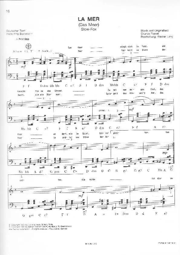 télécharger la partition d'accordéon La mer (Das Meer) (Arrangement pour accordéon de Werner Lang) (Chant : Charles Trenet / Renée Lebas / Jacqueline François / Roland Gerbeau) (Slow Fox) au format PDF