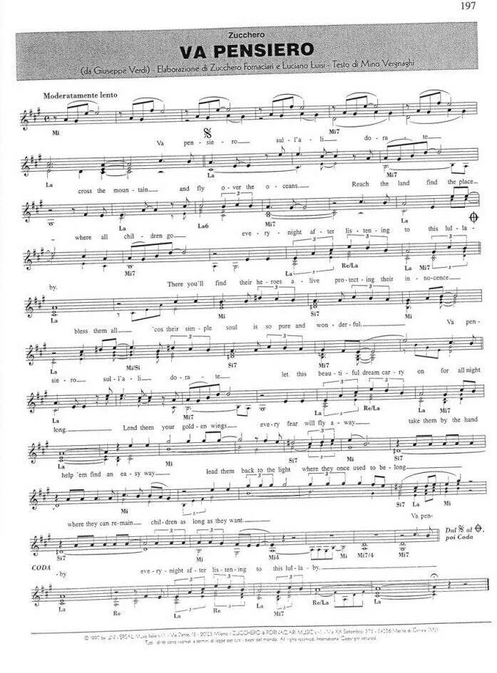 télécharger la partition d'accordéon Va pensiero (Nabucco) (Arrangement : Zucchero Fornaciari & Luciano Luisi & Mino Vergnaghi) (Chant : Zucchero) (Slow) au format PDF