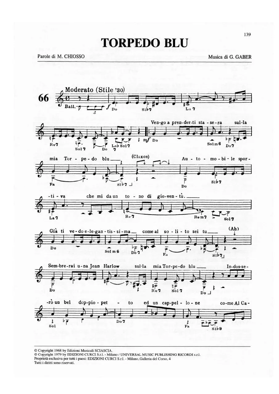 télécharger la partition d'accordéon Torpedo blu (Chant : Giorgio Gaber) (Swing Madison) au format PDF