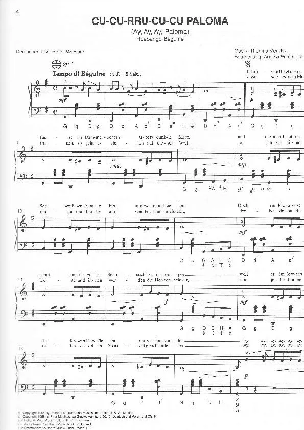 télécharger la partition d'accordéon Cu Cu Rru Cu Cu Paloma (Ay Ay Ay Paloma) (Arrangement pour accordéon de Angela Winterstein) (Chant : Perry Como / Nana Mouskouri / Julio Iglesias / Joan Baez) (Huapango Béguine) au format PDF