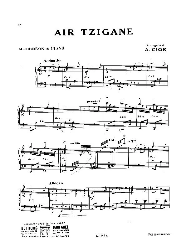 télécharger la partition d'accordéon Air Tzigane (Arrangement pour accordéon de André Cior) au format PDF