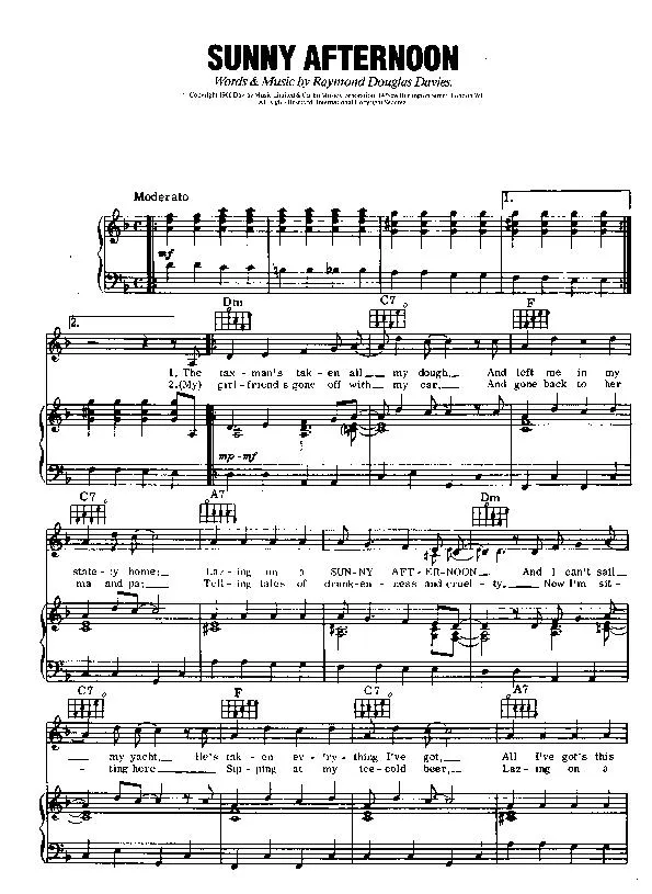 télécharger la partition d'accordéon Sunny afternoon (Chant : Ray Davies) (Swing Madison) au format PDF