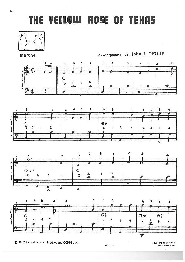 télécharger la partition d'accordéon The yellow rose of Texas (Je vais revoir ma blonde) (Arrangement pour accordéon de John L Philip) (Chant : Patrice & Mario / Yvette Giraud / Jacques Hélian / Armand Mestral / Les Compagnons de la Chanson) (Marche) au format PDF