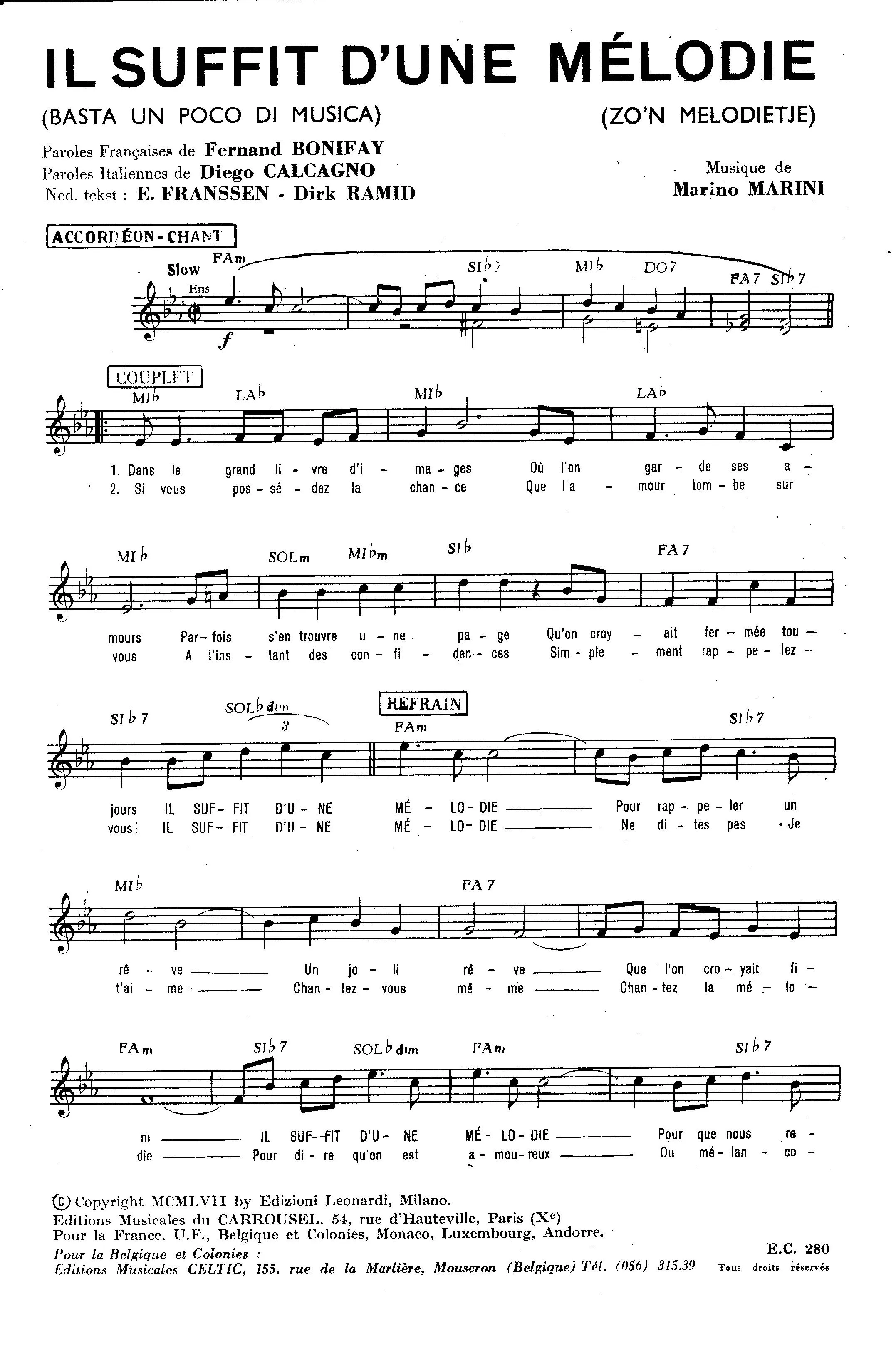 télécharger la partition d'accordéon Il suffit d'une mélodie (Basta un poco di musica) (Zo'n calcagno) au format PDF