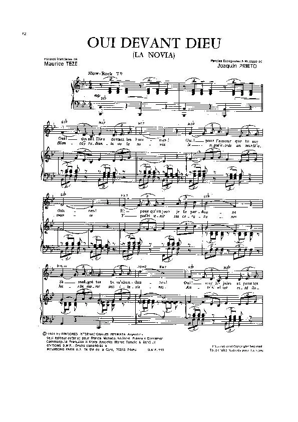 télécharger la partition d'accordéon Oui devant Dieu (La novia) (Chant : Sacha Distel) (Slow Rock) au format PDF