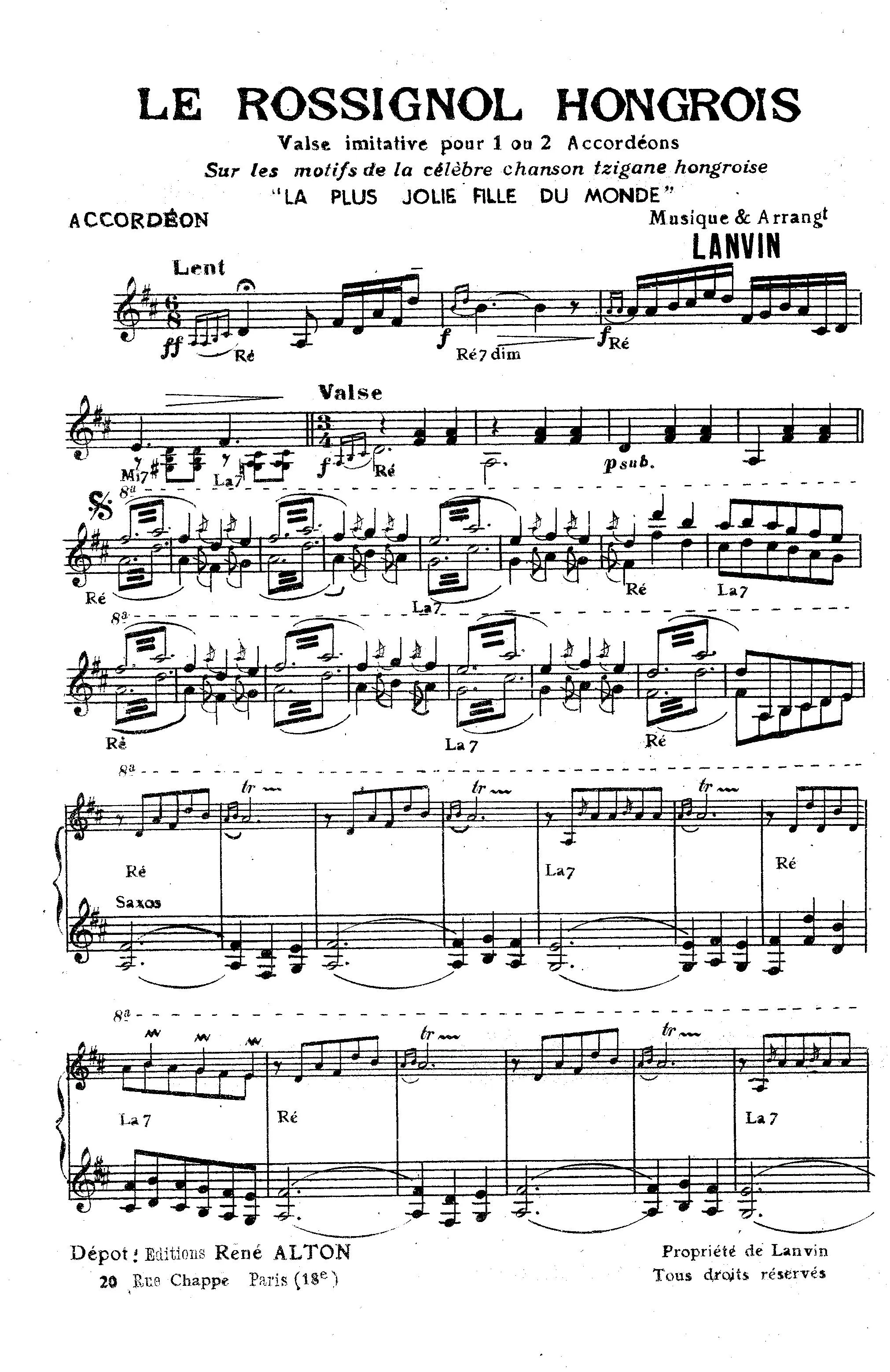 télécharger la partition d'accordéon Le rossignol Hongrois (Sur les motifs de la célèbre chanson Tzigane Hongroise : La plus jolie fille du monde) (Valse imitative pour 1 ou 2 pour Accordéons) au format PDF