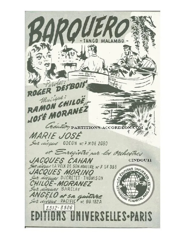 télécharger la partition d'accordéon Barquero (Créé par : Marie-José) (Enregistré par : Jacques Cahan / Jacques Morino / Angelo et sa Guitare) (Orchestration Complète) (Tango Malambo) au format PDF