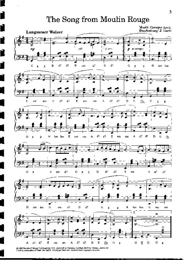 télécharger la partition d'accordéon The Song from Moulin Rouge (Arrangement de J Hartl) (Chant : André Claveau / Les Compagnons de La Chanson / Mathé Altéry / Marie José / Tino Rossi) (Valse) au format PDF