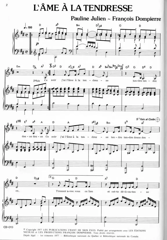 télécharger la partition d'accordéon L'âme à la tendresse (Chant : Pauline Julien) au format PDF