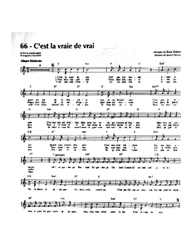 télécharger la partition d'accordéon C'est la vraie de vrai (Chant : Fréhel) (Java) au format PDF