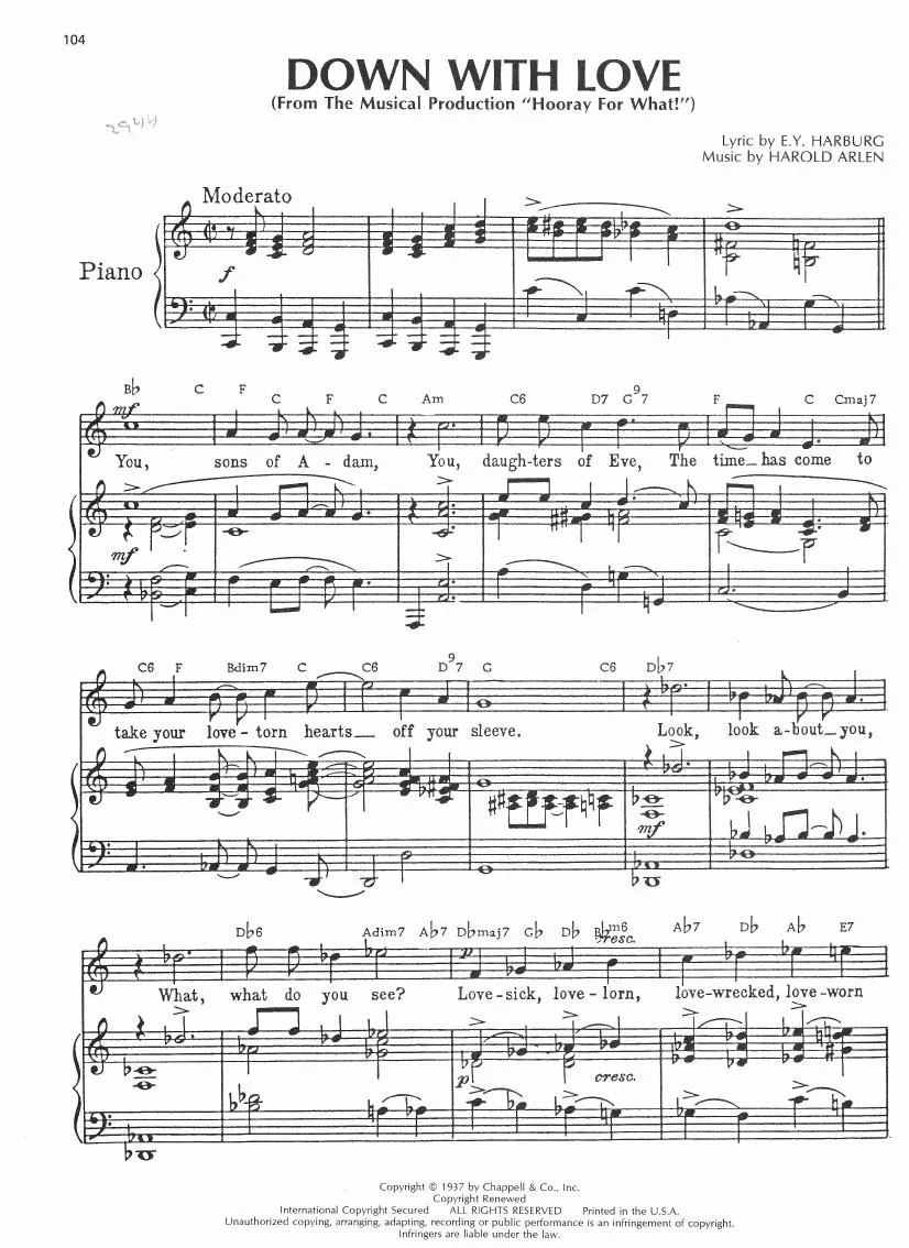 télécharger la partition d'accordéon Down with love (Du Film : Hooray for what) (Chant : The King's Singers) (Swing Madison) au format PDF
