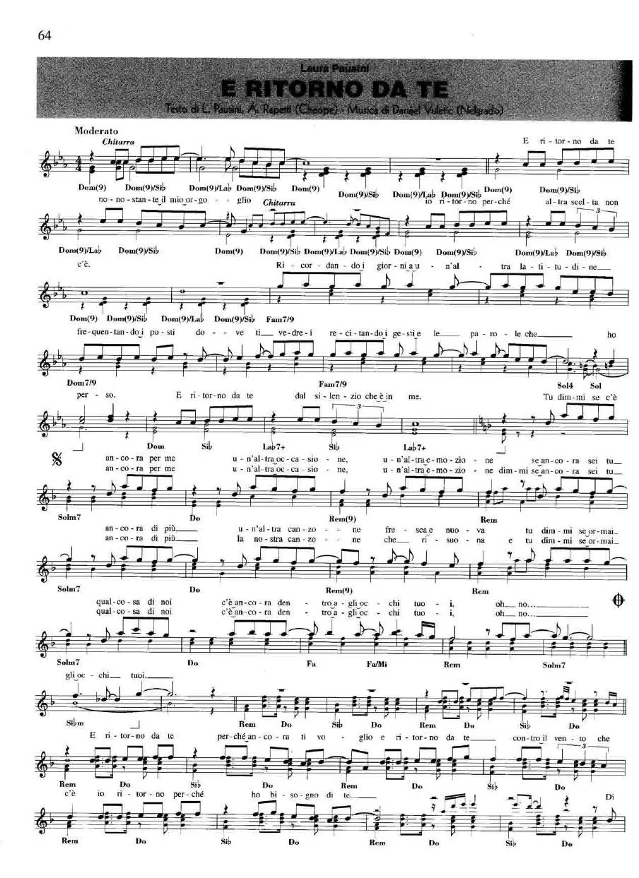 télécharger la partition d'accordéon E ritorno da te (Chant : Laura Pausini) (Rumba) au format PDF