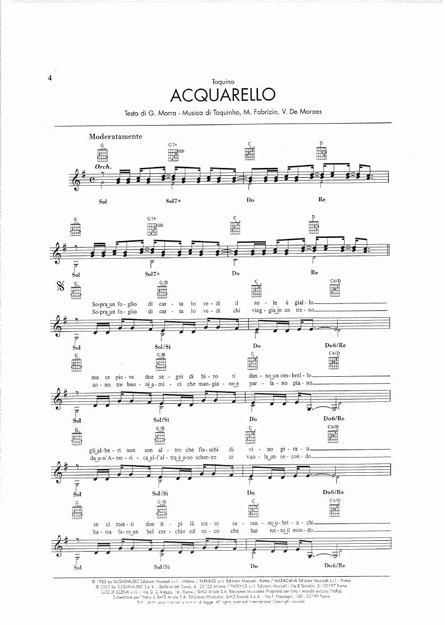 télécharger la partition d'accordéon Acquarello (Chant : Toquinho) (Bossa) au format PDF