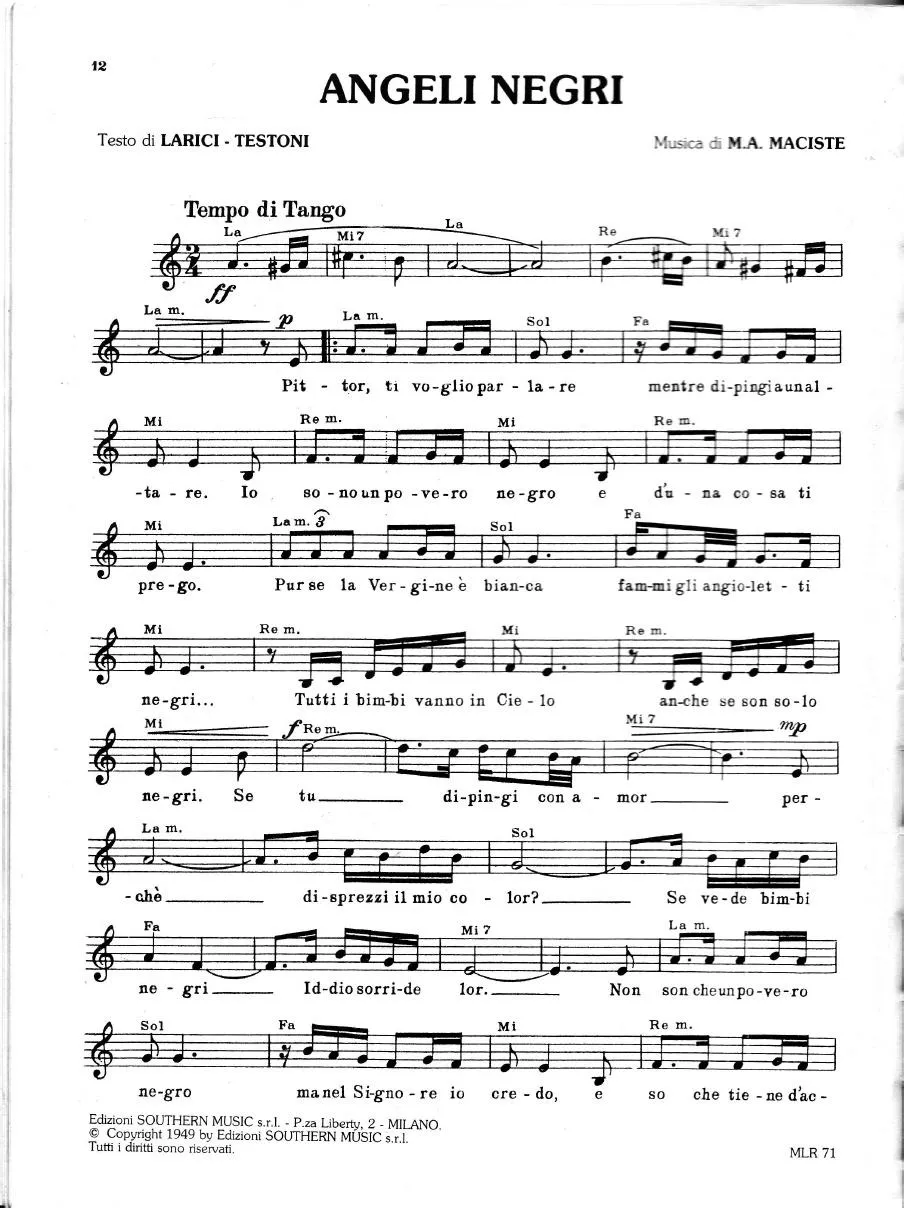 télécharger la partition d'accordéon Angeli negri (Angelitos negros) (Chant : Fausto Leali) (Tango) au format PDF