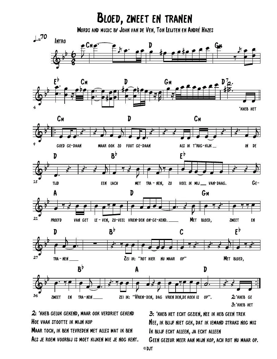 télécharger la partition d'accordéon Bloed Zweet en tranen (Slow Rock) au format PDF