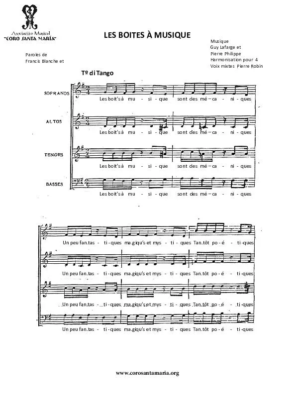 télécharger la partition d'accordéon Les boîtes à musique (Chantée par Les Frères Jacques) (Harmonisation pour 4 voix de Pierre Robin (Tango) au format PDF