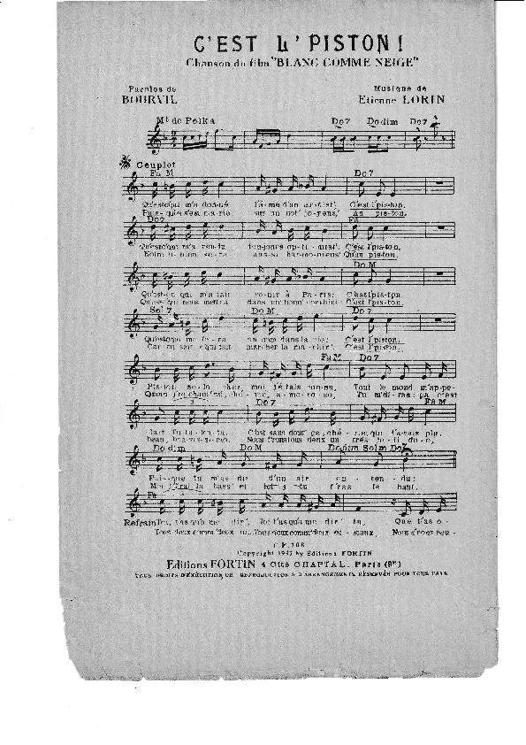 télécharger la partition d'accordéon C'est l' piston (Du Film : Blanc comme neige) (Polka) au format PDF