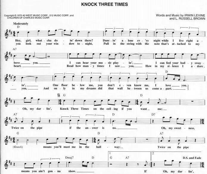 télécharger la partition d'accordéon Knock three times (Interprètes : Dawn) (Swing Madison) au format PDF