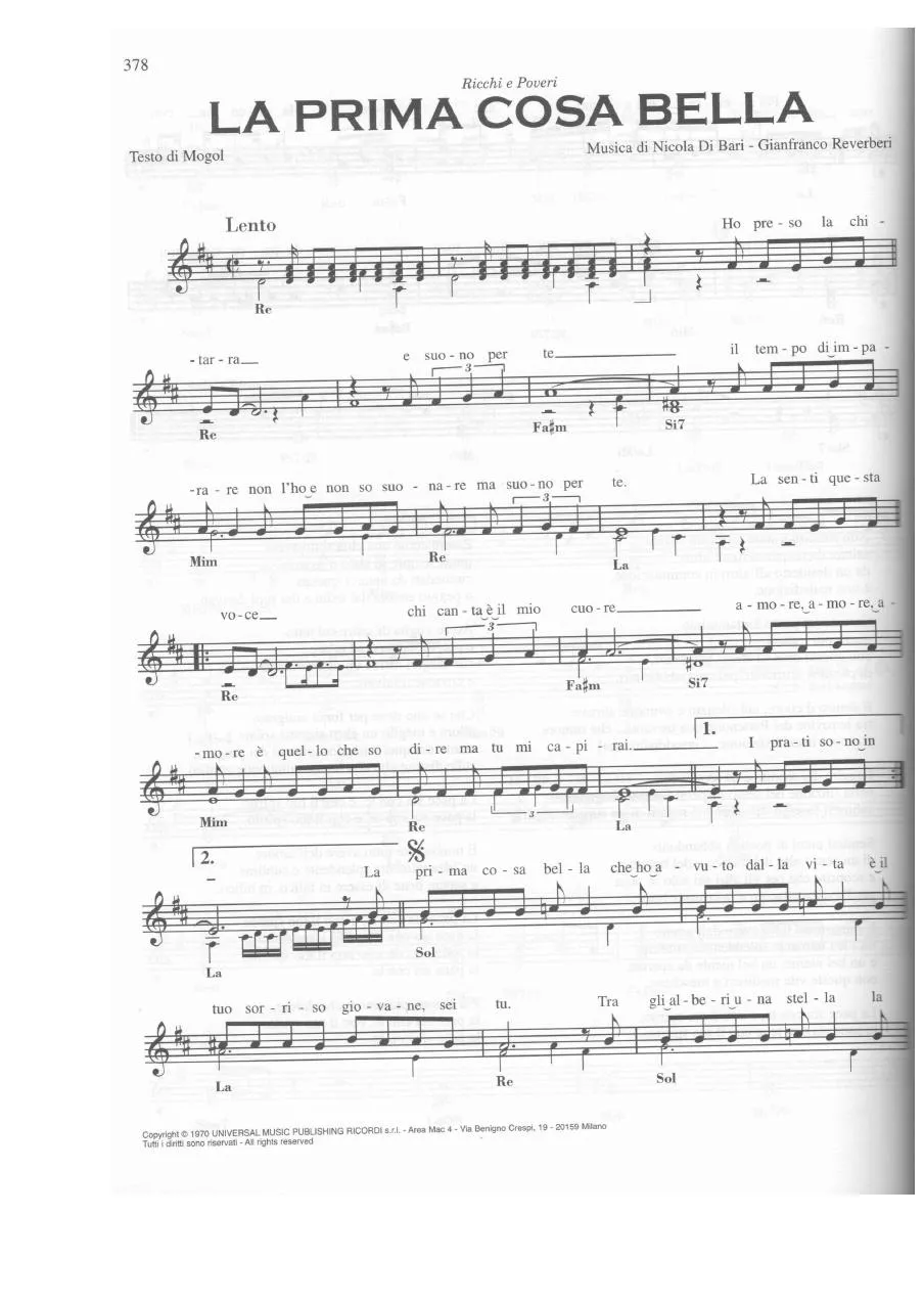 télécharger la partition d'accordéon La prima cosa bella (Chant : Ricchi e Poveri) (Slow) au format PDF