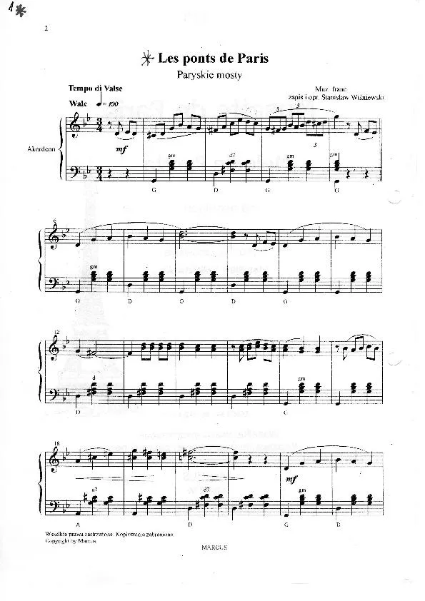 télécharger la partition d'accordéon Sous les ponts de Paris (Paryskie mosty) (Arrangement :  Stanislaw Wisniewski) (Valse) au format PDF