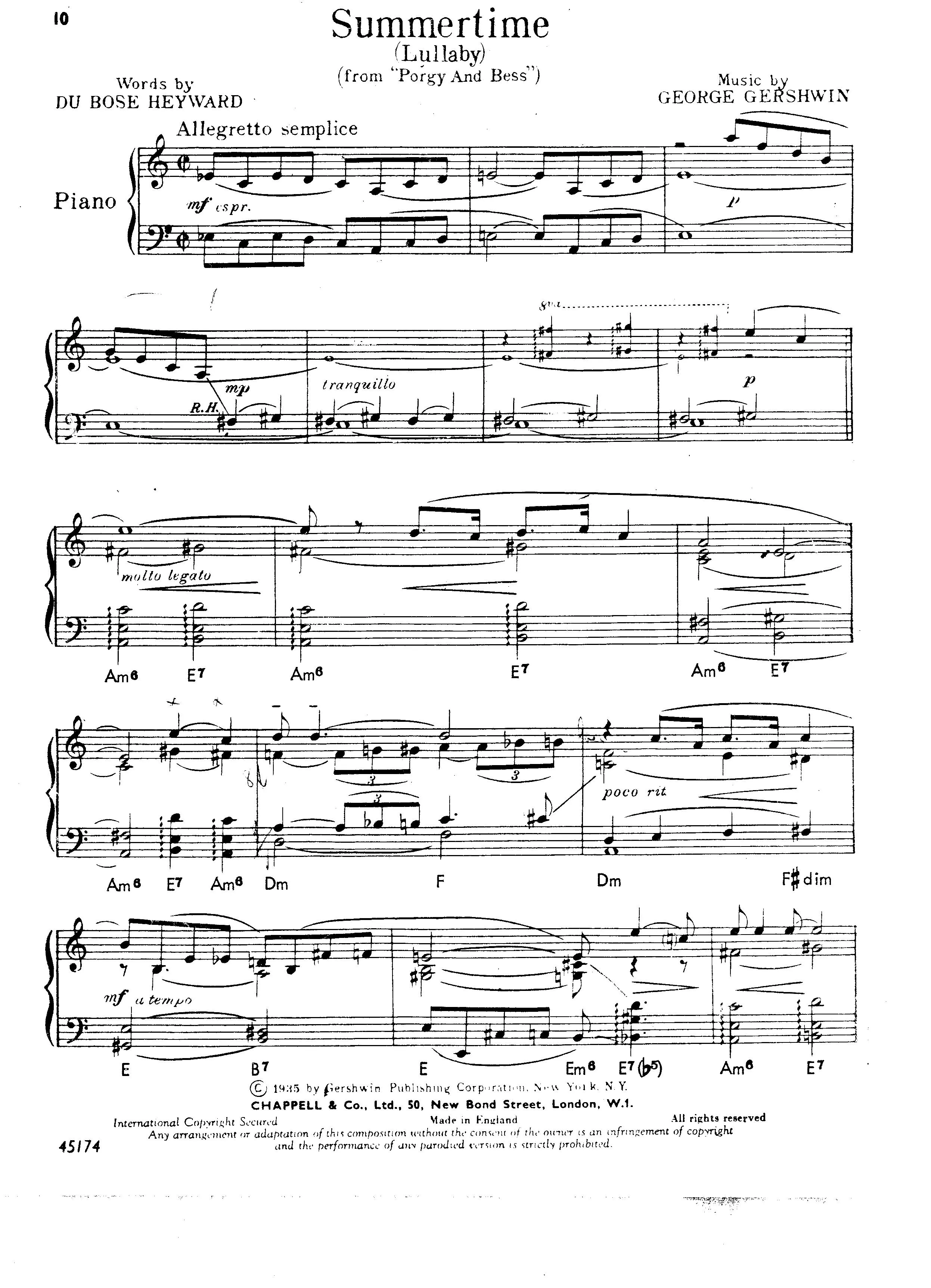 télécharger la partition d'accordéon Summertime (Lullaby) (From : Porgy and Bess) au format PDF