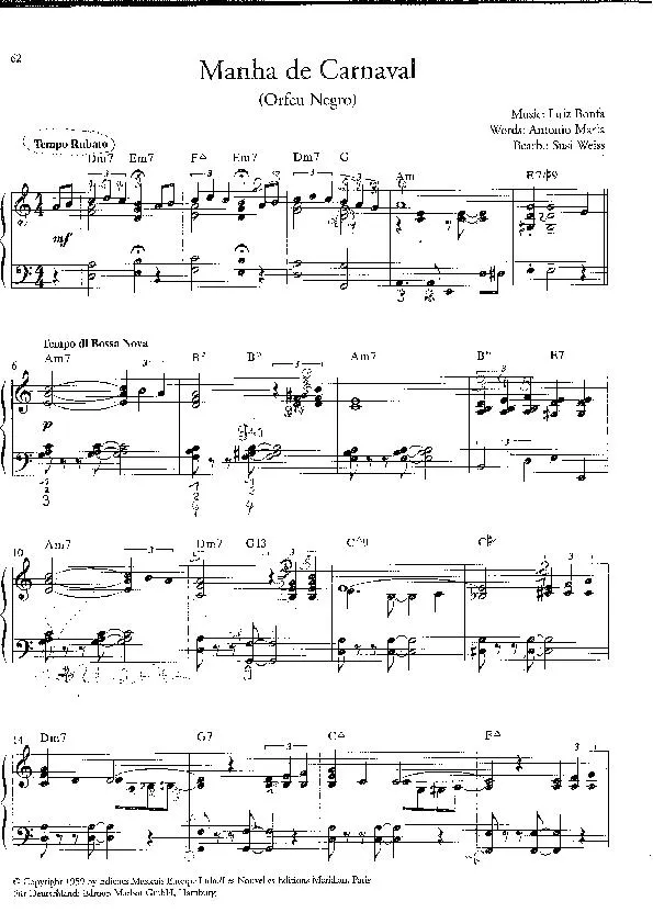 télécharger la partition d'accordéon Manha de carnaval (Orfeu Negro) (Black Orpheus)(A day in the life of a fool) (Arrangement : Susi Weiss) (Bossa Nova) au format PDF