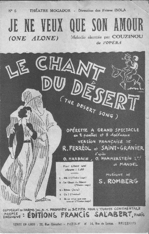 télécharger la partition d'accordéon Je ne veux que son amour (One alone) (L'ombre rouge) (De l’Opérette : Le chant du désert) (Chant : Couzinou) au format PDF