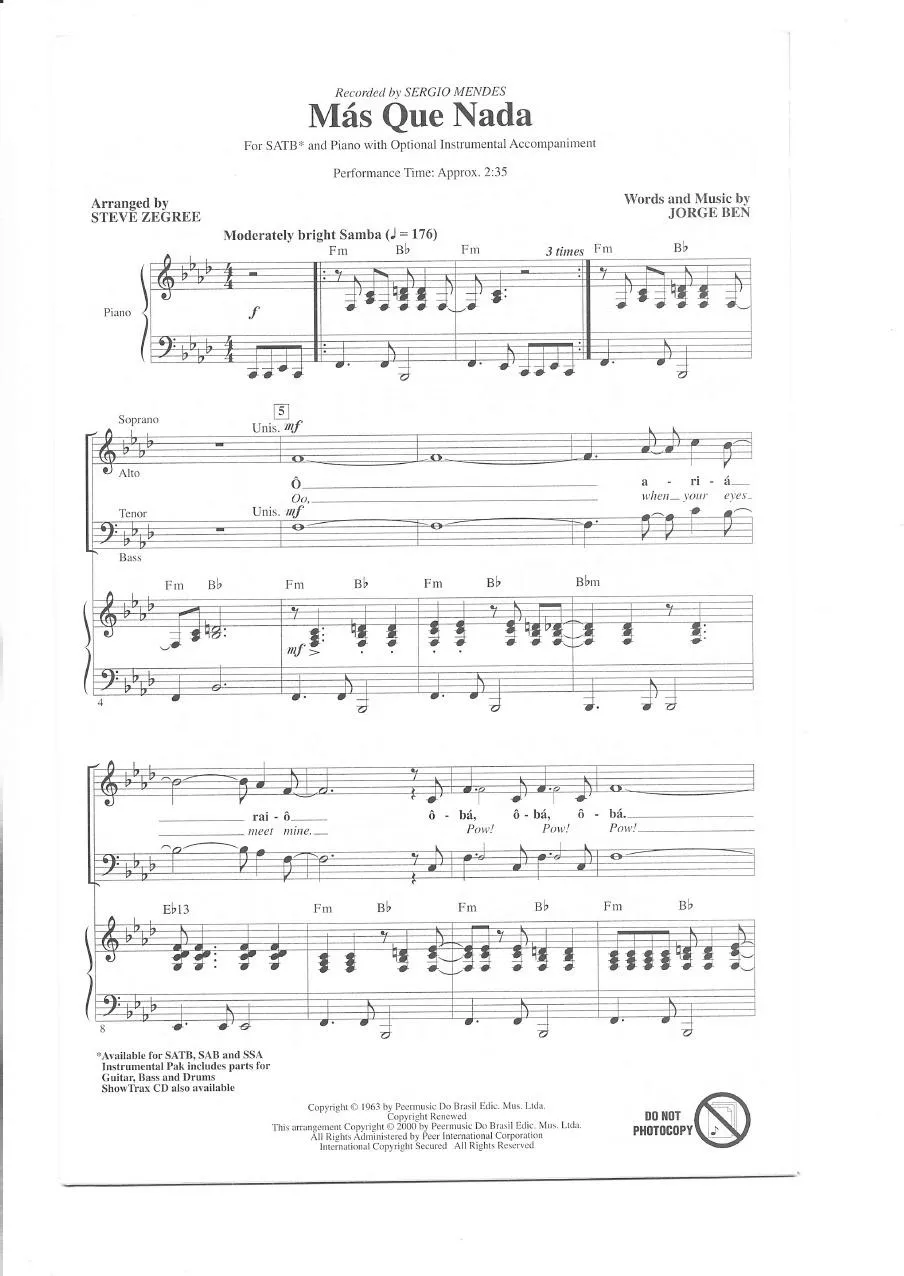 télécharger la partition d'accordéon Mas que nada (Arrangement Steve Zegree) (Chant : Sergio Mendes) (Orchestration) (Samba) au format PDF