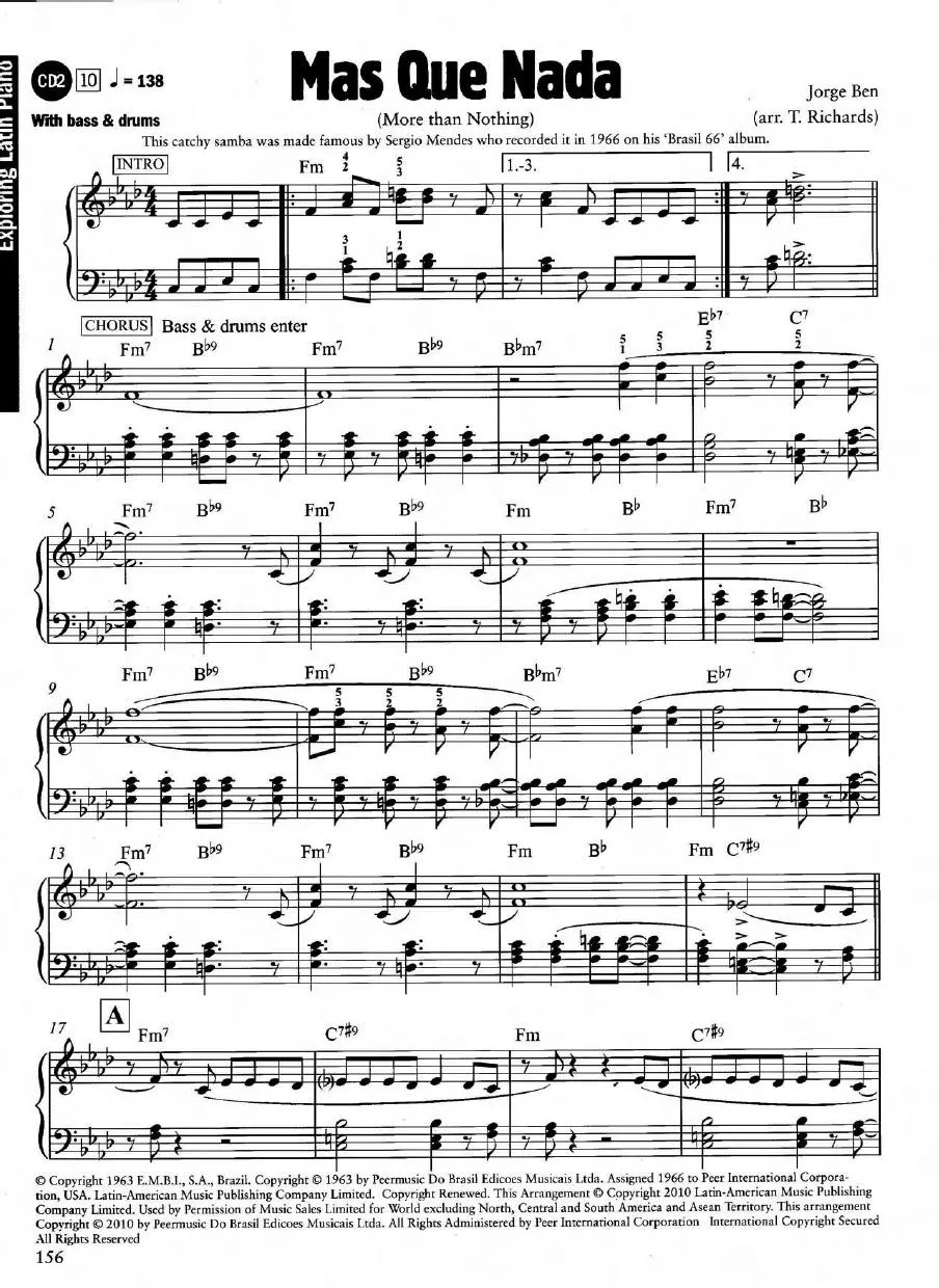télécharger la partition d'accordéon Mas que nada (More than nothing) (Arrangement : T Richards) (Chant : Sergio Mendes) (Samba) au format PDF