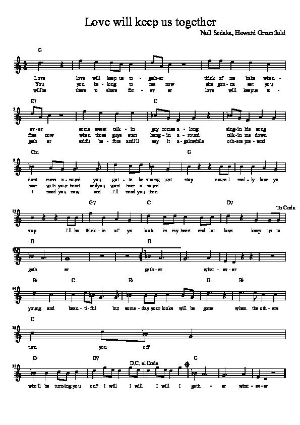 télécharger la partition d'accordéon Love will keep us togehter au format PDF
