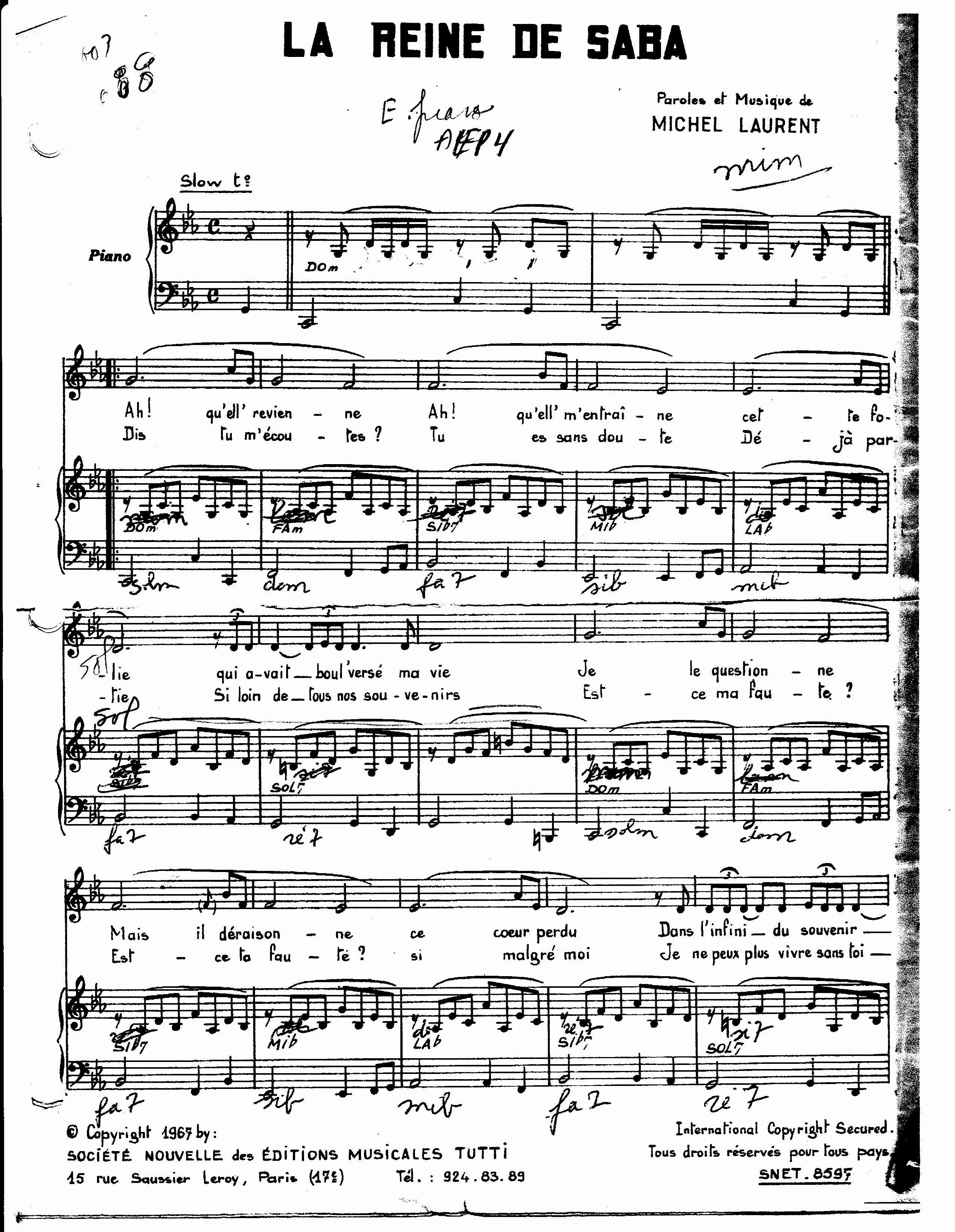 télécharger la partition d'accordéon La reine de saba (Chant : Sylvie Vartan) au format PDF